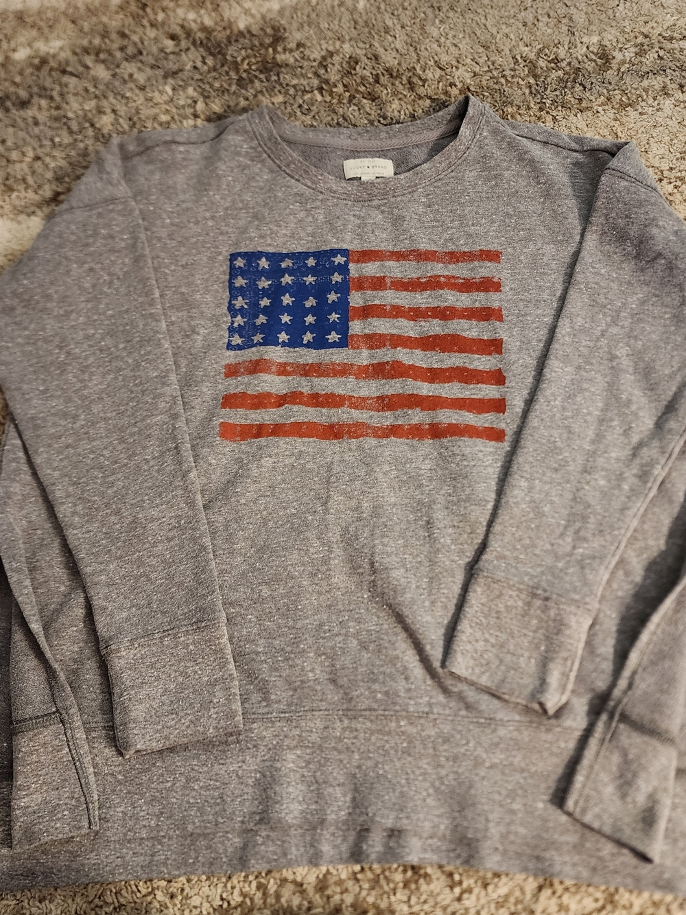 Lucky Brand Crewneck with Flag Graphic - Gray, Blue & Red. Slits On Each Side.